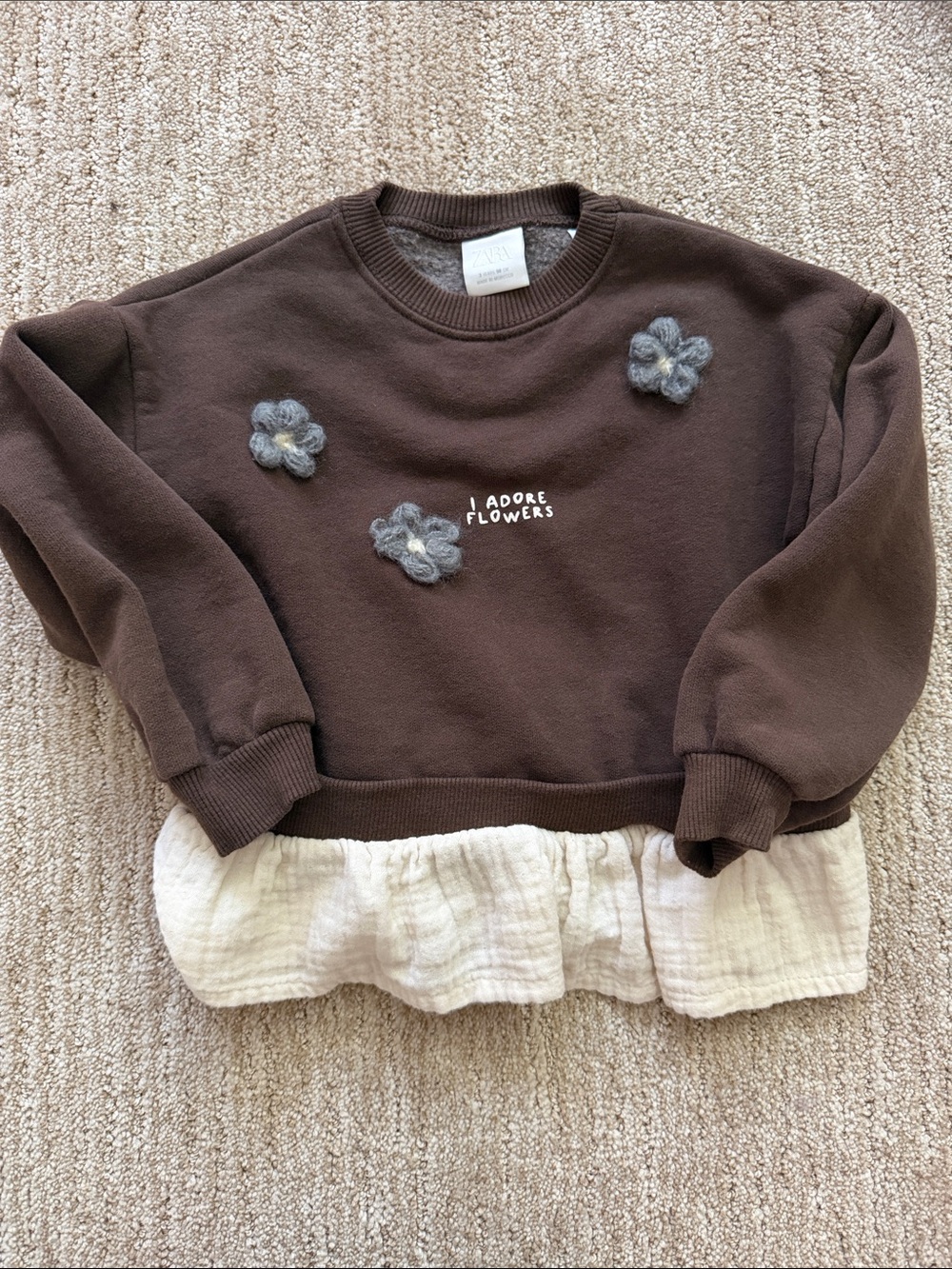 Zara Brown Sweatshirt with Cream Ruffle and Gray Flower Appliqués
